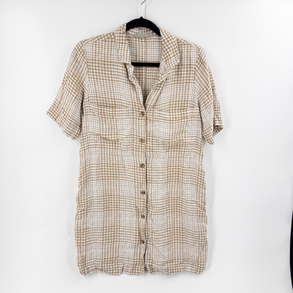 ✅ Everlane Linen Shirt Dress Womens X-SMALL Tan Plaid Above‎ Knee Side Pockets